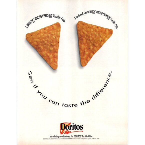 1996 Reduced Fat Doritos Tortilla Chips Vintage Print Ad Frito Lay Smile Art - Picture 1 of 2